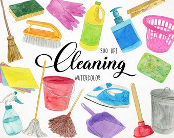 Clipart de limpieza de acuarela, Clipart de tareas domésticas, Clipart de tareas domésticas, Clipart de limpieza, Clipart de suministros de limpieza, Clipart de lavandería