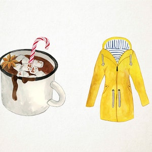 May include: Watercolor illustration featuring a mug of hot chocolate with marshmallows and a candy cane, alongside a yellow raincoat with a striped lining. The artwork evokes a cozy, winter theme.