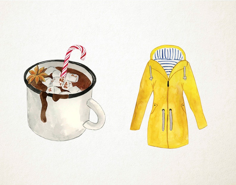 May include: Watercolor illustration featuring a mug of hot chocolate with marshmallows and a candy cane, alongside a yellow raincoat with a striped lining. The artwork evokes a cozy, winter theme.