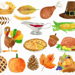 Peut inclure: Illustrations &agrave; l'aquarelle d'&eacute;l&eacute;ments sur le th&egrave;me de Thanksgiving, notamment une dinde, une tarte, du ma&iuml;s, une citrouille, un gland, des feuilles, un chapeau de p&egrave;lerin, une corne d'abondance et un saucier.