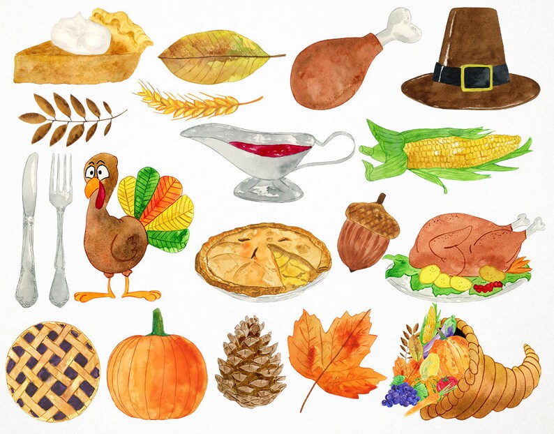 Peut inclure: Illustrations &agrave; l'aquarelle d'&eacute;l&eacute;ments sur le th&egrave;me de Thanksgiving, notamment une dinde, une tarte, du ma&iuml;s, une citrouille, un gland, des feuilles, un chapeau de p&egrave;lerin, une corne d'abondance et un saucier.