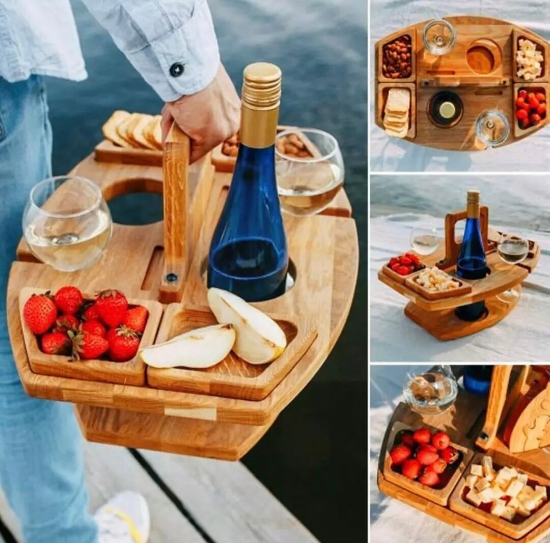 Wood Picnic Table/ Picnic Glass Holder/ Picnic Basket/ Wine Holder