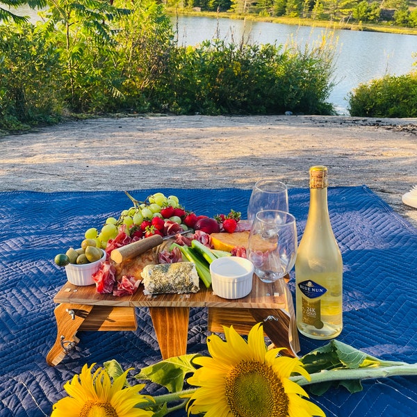 Porte-verre à vin de table de pique-nique en bois / Porte-verre de pique-nique / Panier de pique-nique / Porte-vin / table de pique-nique en plein air