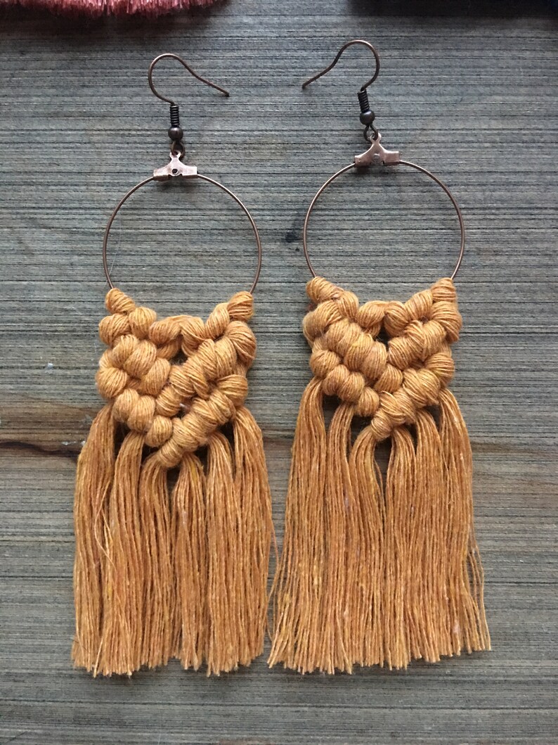 Copper Macrame Earrings Fringy Colored Macrame Earrings Etsy