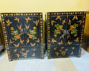 Pair Chinese butterfly handpainted cupboards/side tables/end tables. Shipping is not free so please read the description!