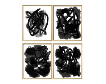 Black and White Modern Abstract Printable Art, Set of 4 Minimalist Art Prints, Black and White Wall Art, Instant Downloadable Prints