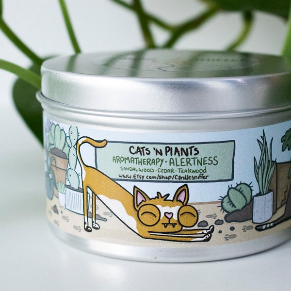 Cats and Plants/ sandalwood/ attention / plants / cats / aromatherapy / vegan soy / eco friendly / funny candle gift / cute cat illustration