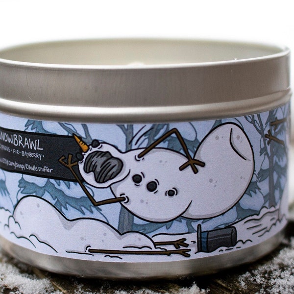 Snowbrawl / Pine / Fir / Christmas / Cypress / Eucalyptus / Artist Tin / Soy wax candle / eco-friendly gift / Holiday decor / snowman / snow