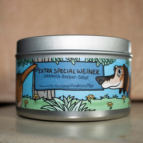 Extra Special Weiner - Weiner dog/  Dachshund / Puppy Candle / funny organic soy / Oakmoss amber sage / vegan / gifts / dog gift / cute