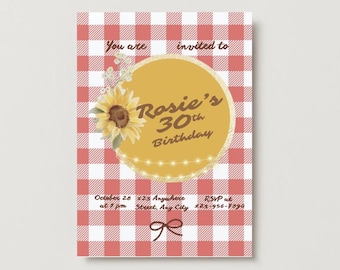 Rustic Picnic Birthday Invitation | Red Gingham, Sunflower (Digital Download)