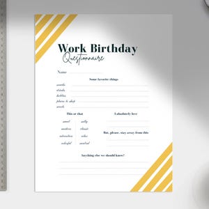 Work Birthday Questionnaire | Gift Idea Survey | Workplace Birthday| Gift Exchange Questionnaire | All About Me Survey
