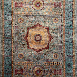 7x10 Blue Mamluk Rug - Turquoise Blue Hand Knotted Veg dyes wool Turkish Area Rug - Rugs for living room - Bedroom rug - Medallion rug