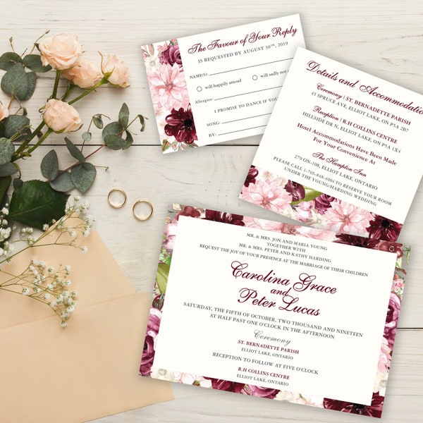Pink and Burgundy Floral WEDDING INVITATIONS - Invitation Set - Customized for your Special Day - Perfect for a Wedding during any season!