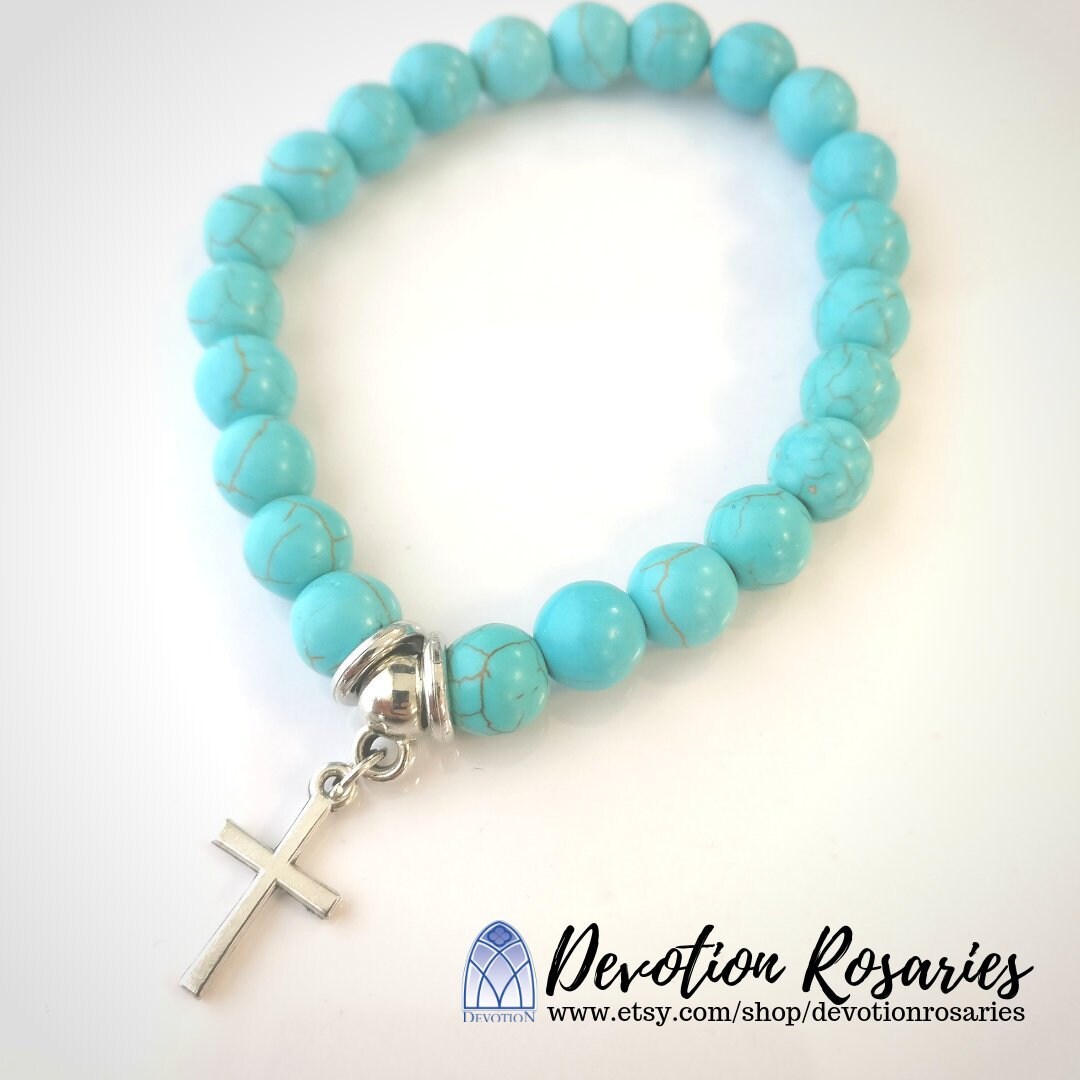 Bracelet en Pierres Naturelles Turquoises avec Pendentif Croix