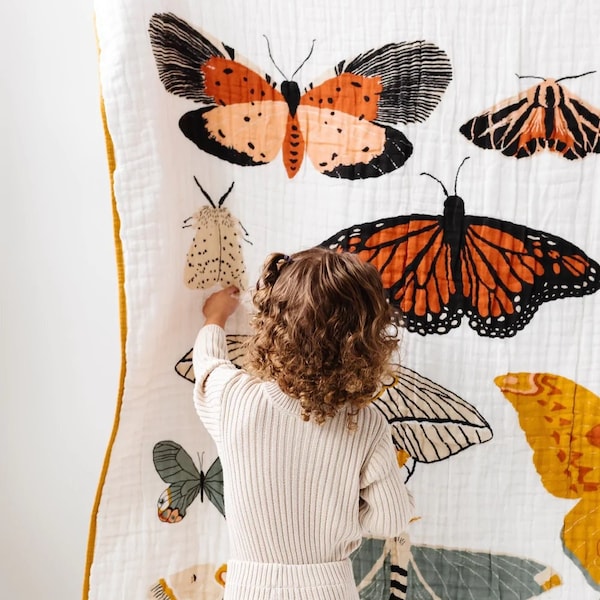 LARGE Butterfly Collectors Quilt | Full Sized Throw | Reversible | Large Blanket | Twin Bed | Neutral Blanket | Toddler Room Decor