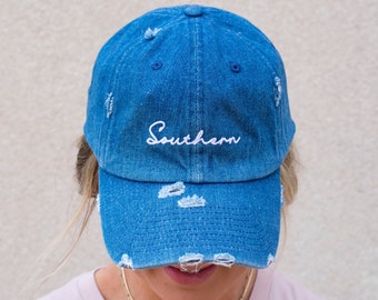 Distressed Southern Hat - Denim Baseball Cap - Cute Vintage Hat - Southern Style - Country Girl - Southern Living - Cute Women's Hat - Gift