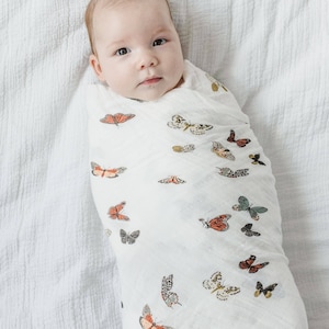 Clementine Kids Butterfly Migration Swaddle - Girl and Boy Vintage Color Swaddle - Neutral Baby Shower - Nursery Decor