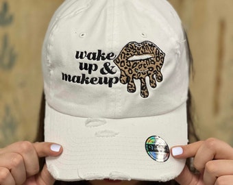 Wake Up & Makeup Hat | Distressed Hat | Makeup Lover | Dad Hat | Low Profile Hat | MUA | Baseball Cap | Cheetah Print