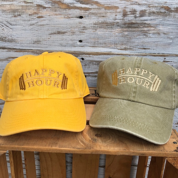 Happy Hour Dumbbell Weightlifting Hat - Workout Hat - Dumbbell Pun Cap - Dad Cap - Gym Rat Hat - Happy at The Gym - Healthy Lifestyle Hat