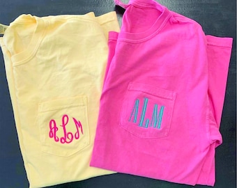 Monogrammed Comfort Colors Short Sleeve Pocket Tee - Customized Tshirt - Cute Bridal Party Tshirt - Personalized Monogram Pocket Tshirt