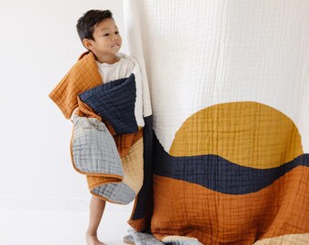 BIG & LITTLE BUNDLE Sunset Bundle | Full Sized Throw / Baby Quilt Bundle | Reversible | Large Blanket | Twin Bed Crib Quilt