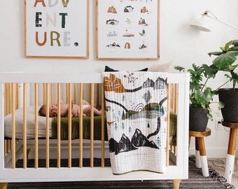National Park Muslin Baby Quilt | Reversible Forest Scene, Nursery Decor
