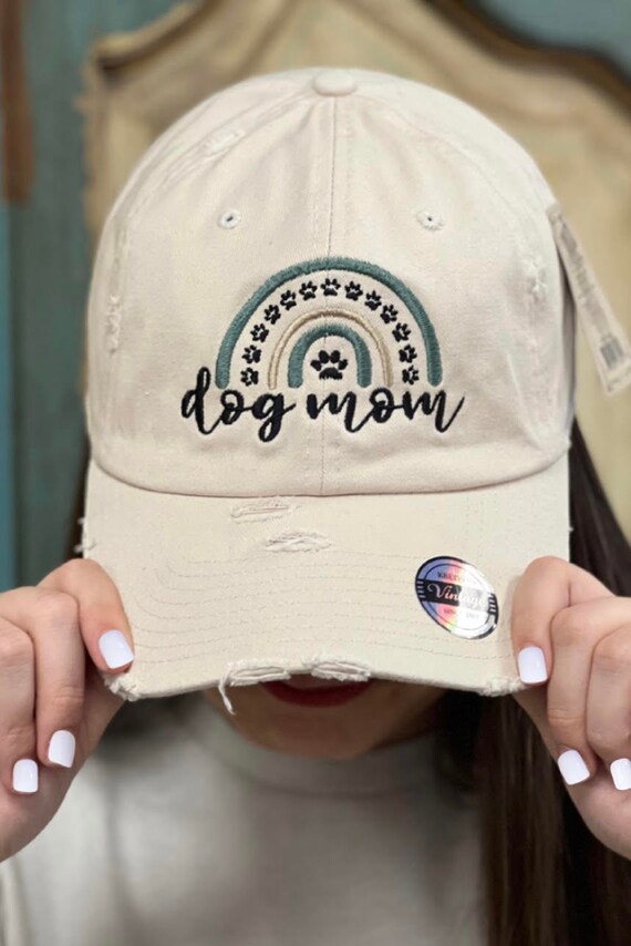Dog Mom Hat Distressed Hat Rainbow Paw 