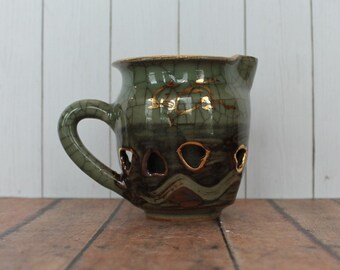 Vintage Otagiri SOMA WARE Creamer Green Crackle Finished Gold Horse Cut Out Hearts Somaware Somayaki