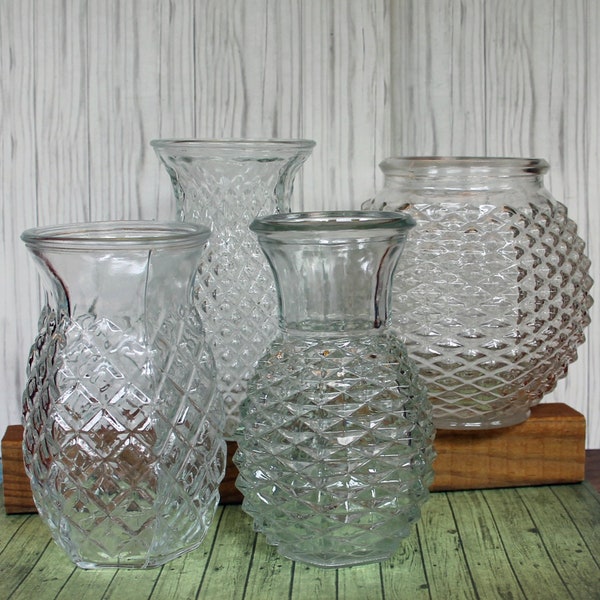 Vintage Pineapple Diamond Clear Glass Vase Set of 4 Different Vases Hoosier FTD Brody Patio Tiki Hawaiian Polynesian Party Tropical Wedding