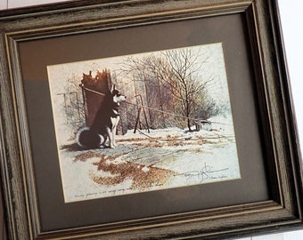 Vintage Tom Heflin Fine Art Print The Sheep Chaser Framed Print The Sheep Chaser Dog Husky 1976 Signed and Professionally Framed