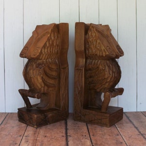 Vintage Carved Wood Owl Bookends Set of 2 Etched Wooden Book Ends Made in Philippines