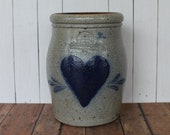 Vintage Rowe Pottery Works 1985 Salt Glazed Stoneware Crock Vase with Heart Design Cambridge WI Handmade Ceramic 1990s AS IS