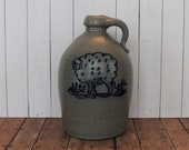 Vintage Rowe Pottery Works Gray Salt Glazed Stoneware Crock Jug with Blue Sheep Design 1988