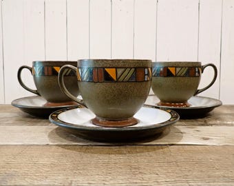 Vintage Denby MARRAKESH Ceramic Cup and Saucer Set of 3 or Set of 4 Green Brown with Multicolor Geometric Design