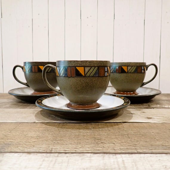 Vintage Denby MARRAKESH Ceramic Cup and Saucer Set of 3 or Set of 4 Green Brown with Multicolor Geometric Design