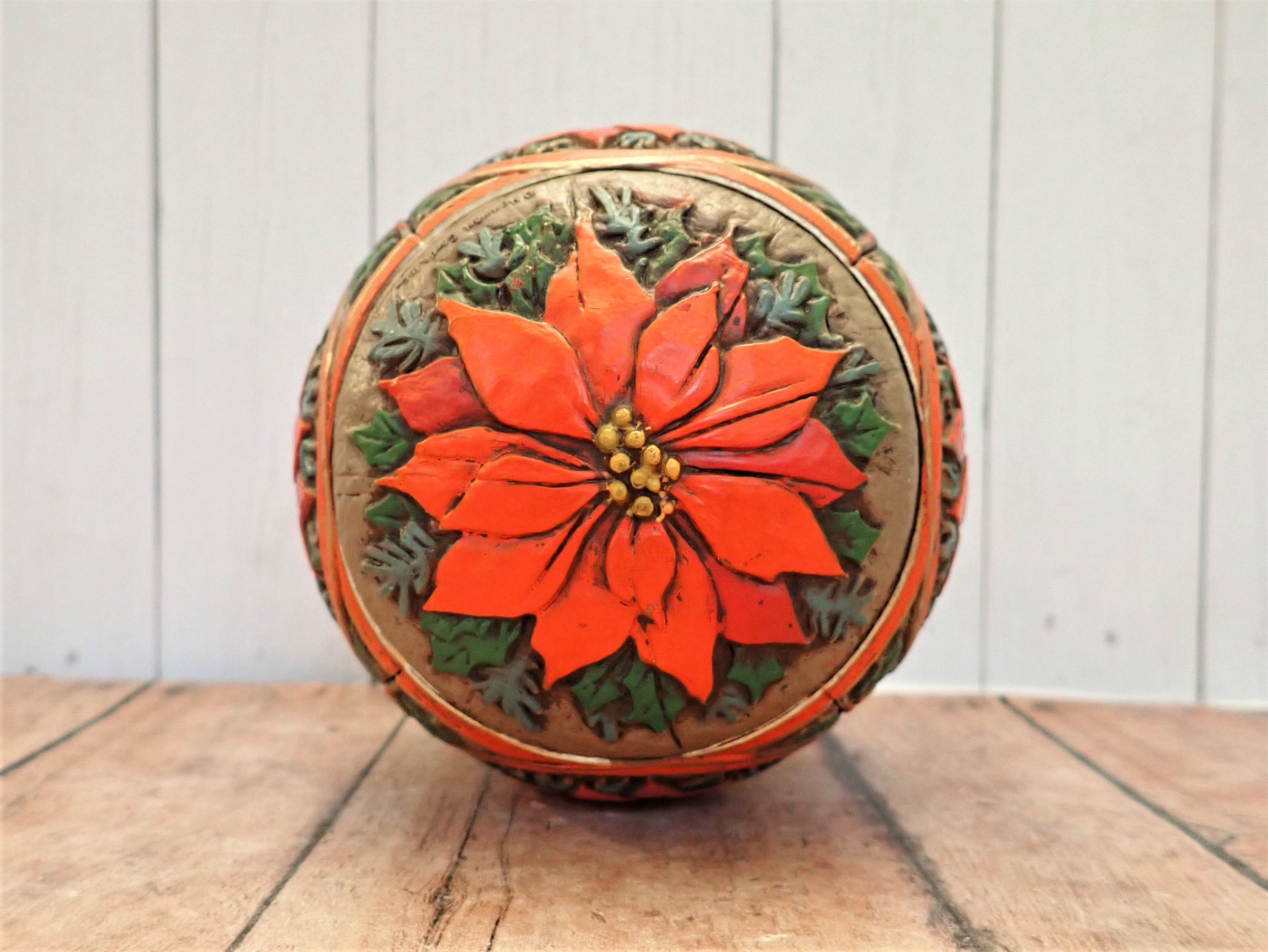 Vintage Hallmark Poinsettia Ball Faux Carved Wood with Green Holly and Red Poinsettia Design 1978