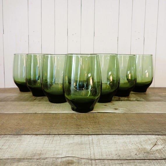 Vintage Libbey TEMPO Avocado Green 10 oz. Flat Tumbler Glasses Set of 8 Round Glasses MCM Mid Century