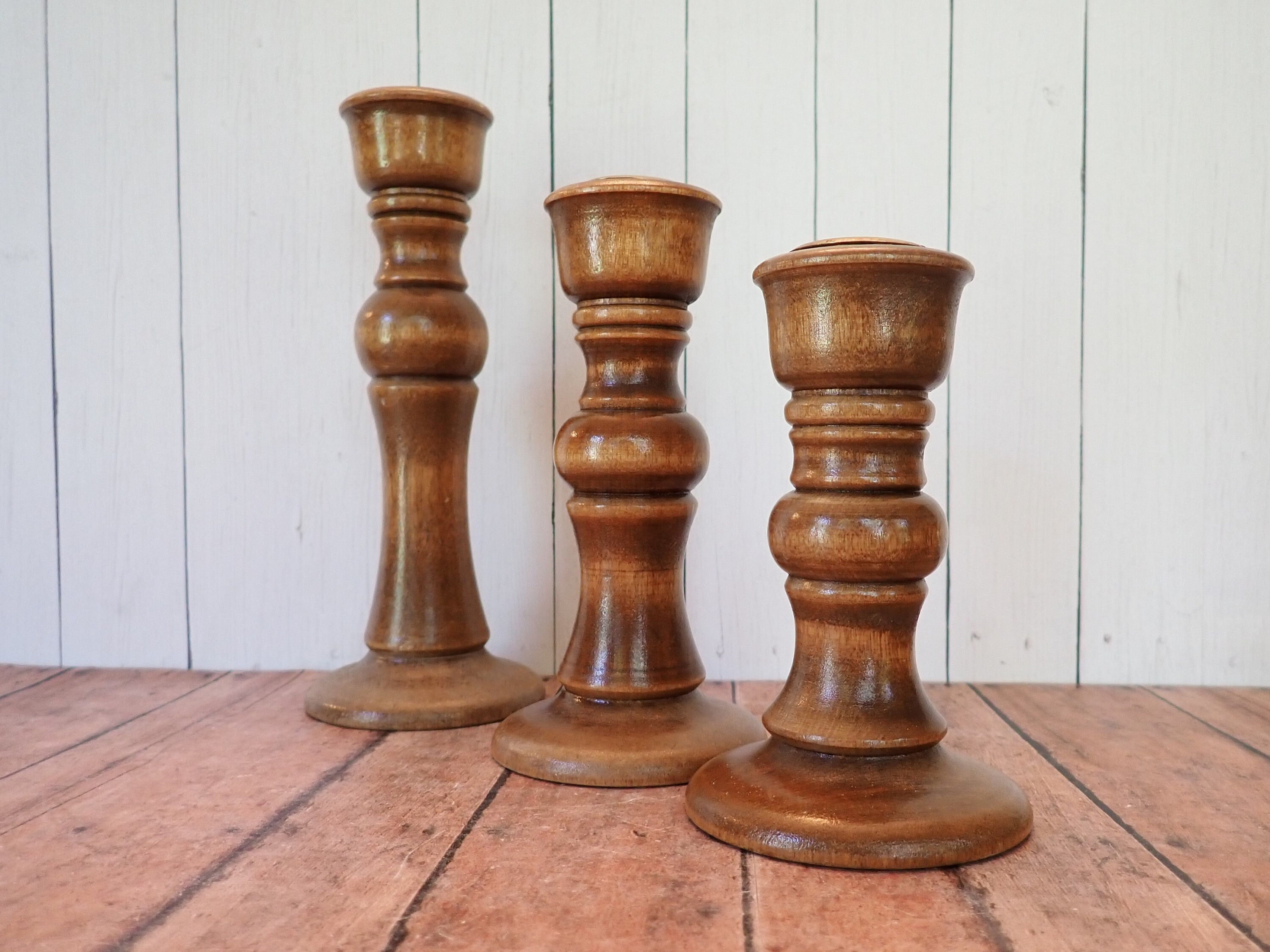 Vintage Wood Candlestick Set of 3 Wooden Taper Candle Holder Graduated