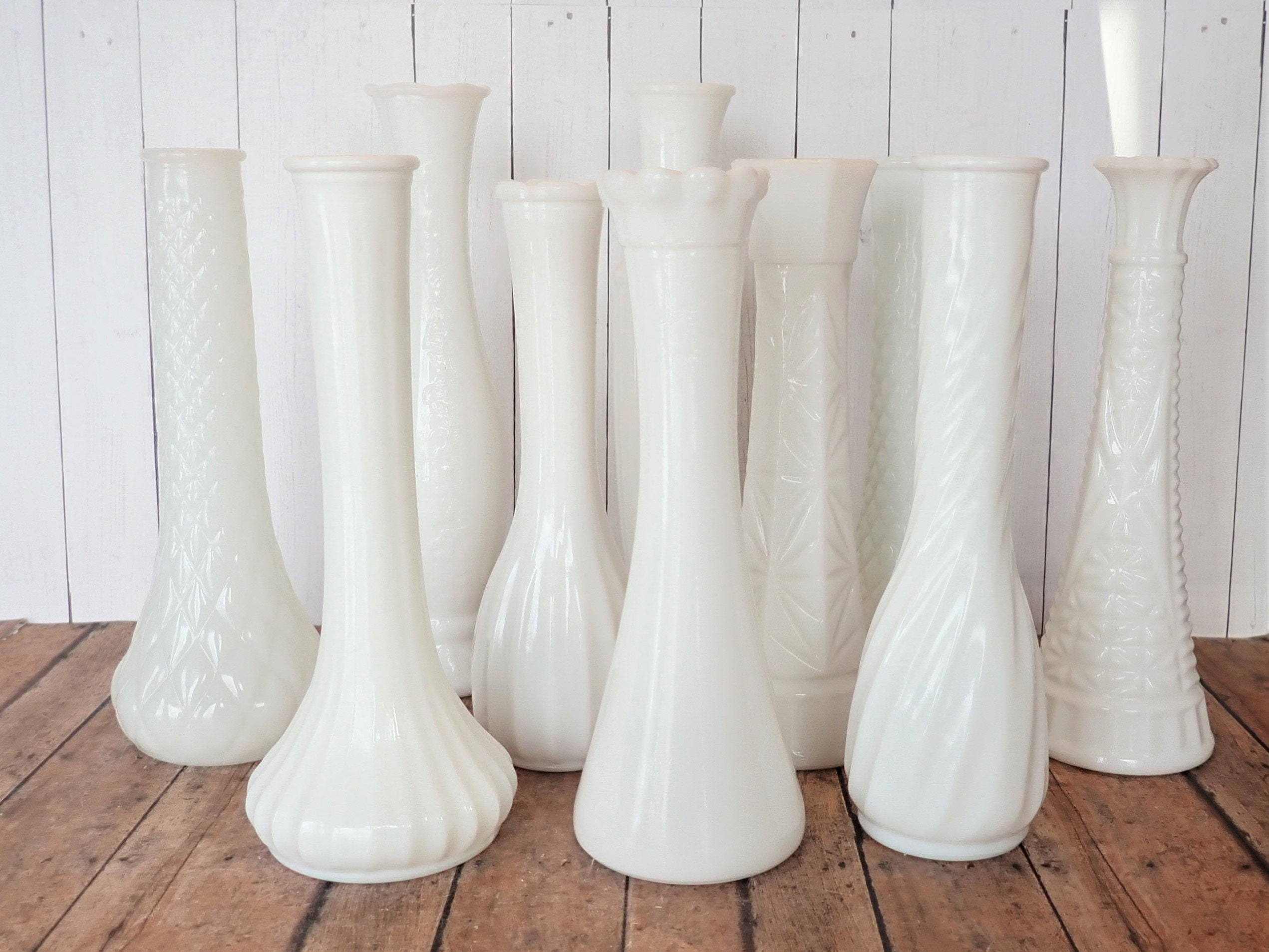 Vintage Set of 10 White Milk Glass Vases All Different Patterns 9 Tall