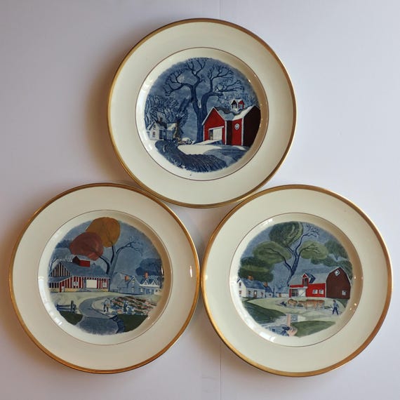 Vintage Adams China The Red Barn Plates Set of 3 January June October by Dale Nichols Made in England