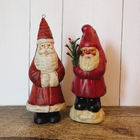 Vintage Ceramic Santa Claus Ornaments Set of 2 Traditional Old World Santas Gnome