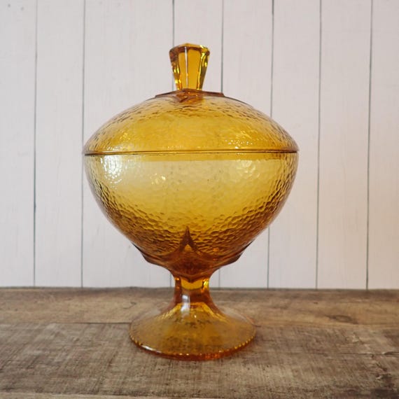 Vintage Yellow Amber Footed Candy Dish Bowl with Lid Textured Glass Compote