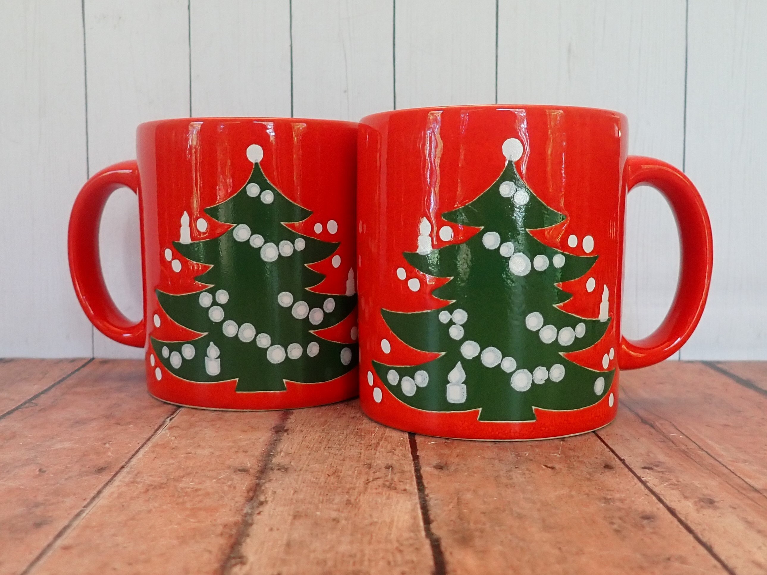 Vintage WAECHERSBACH Christmas Tree Mug Set of 2 Red Green White