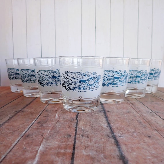 Vintage Royal China Currier and Ives White and Blue Old Fashioned Glasses Set of 8 Rocks Whiskey Glasses Winter Scene Christmas Design