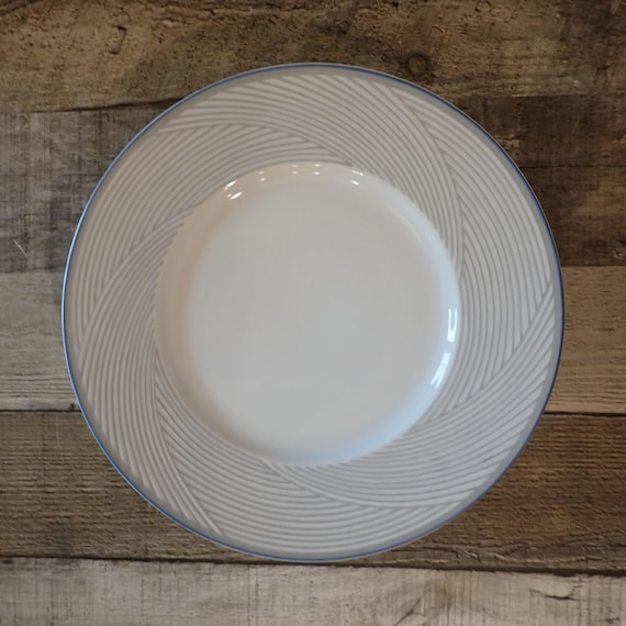 Vintage Dansk Tapestries TWILL BLUE Salad Plate Set of 4 White Stoneware with Blue Curved Line Design