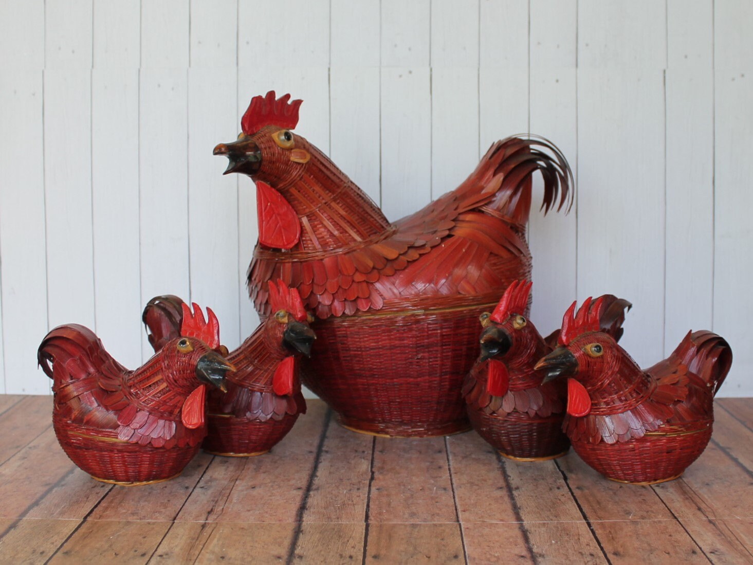 Vintage Wicker Woven Chicken Rooster Basket Set Of 5 Red With Wood Feathers Kiangsi Shanghai 