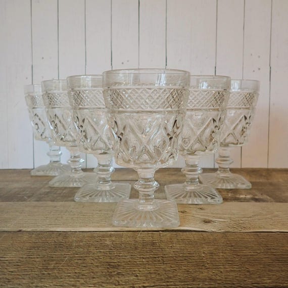 Vintage Imperial Glass CAPE COD Clear Wine Glasses Goblets Set of 6 with Diamond and Dot Pattern