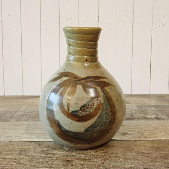 Vintage Stoneware Vase Gray with Blue and Brown Leaf Design