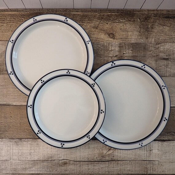 Vintage Dansk Bistro Fredriksbord Blue Salad and Bread Plate Set of 3 White Stoneware with Blue Band and Dots Made in Japan