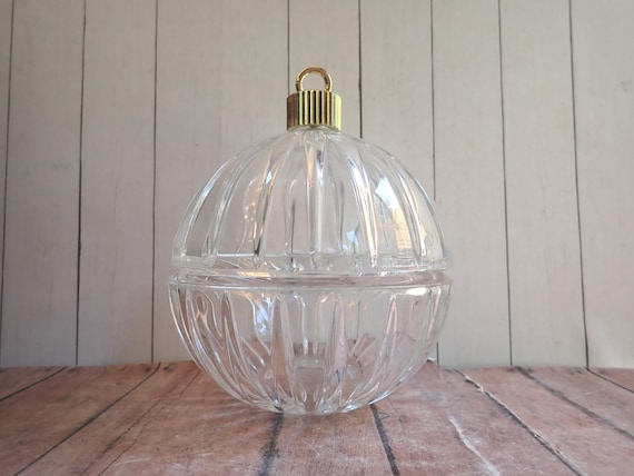 Vintage Clear Lead Crystal Christmas Ornament Candy Dish St George Glass Canister Container